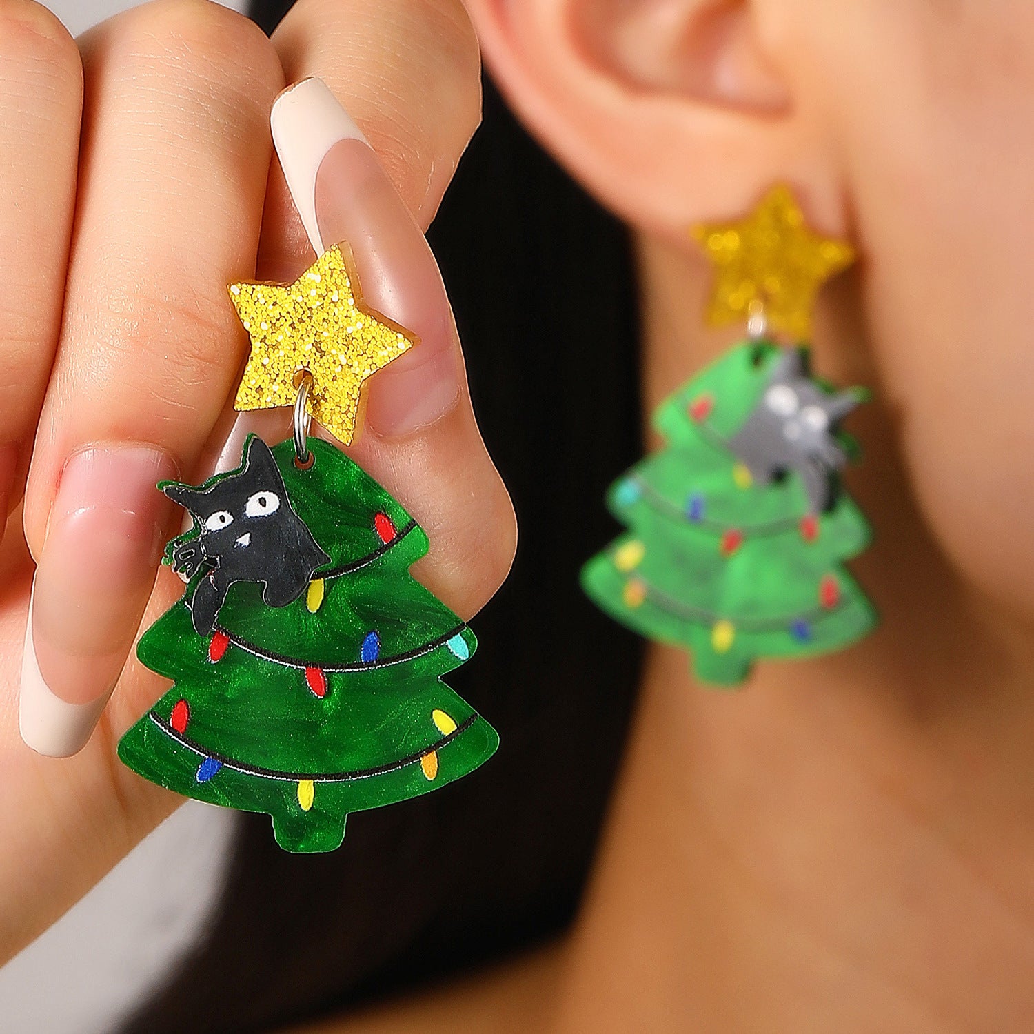 Christmas Tree Kitty Creative Christmas Acrylic Earrings